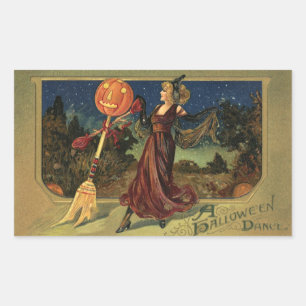 Sticker Rectangulaire Halloween vintage, jolie sorcière dansante
