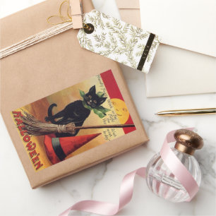 Sticker Rectangulaire Halloween vintage par Ellen Clapsaddle, Chat noir