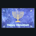 Sticker Rectangulaire Hanoukka Snowstorm Menorah<br><div class="desc">Une menorah Hanoukka et "Happy Hanoukka" en or brillant,  en bleu et blanc,  superposées sur une image fractale bleue et blanche qui rappelle les flocons de neige dans une tempête. Chag Sameach !</div>