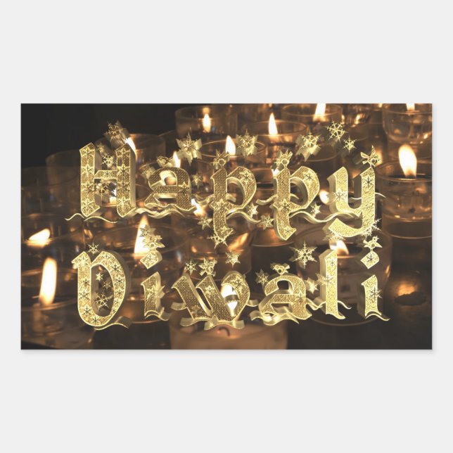 Sticker Rectangulaire Happy Diwali Black and Gold Candlelight Stars (Devant)