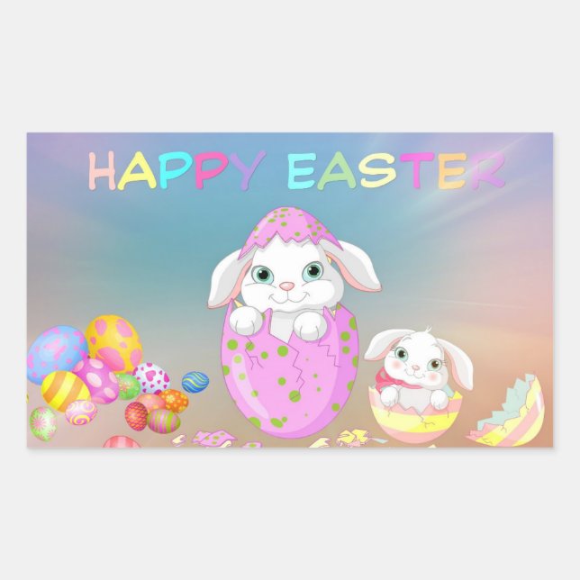 Sticker Rectangulaire HAPPY EASTER Bunny Oeufs Couleurs Favoriser Cadeau (Devant)