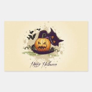 Sticker Rectangulaire Happy Halloween Chat noir et Jack Sti rectangulair