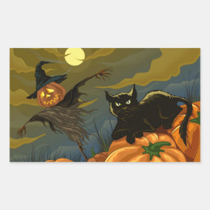 Sticker Rectangulaire Happy Halloween Citrouille Chat noir