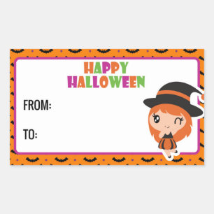 Sticker Rectangulaire Happy Halloween cute witch label 2 - orange
