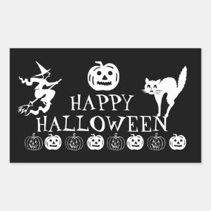 Sticker Rectangulaire Happy Halloween noir blanc décoration éffrayante