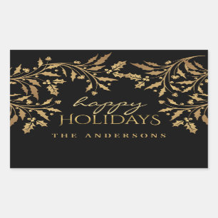 Sticker Rectangulaire Happy Holidays Gold Faux Foil Holly Branches