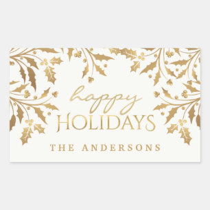Sticker Rectangulaire Happy Holidays Gold Shimmer Holly Branches