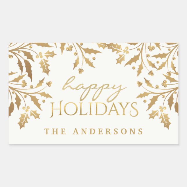 Sticker Rectangulaire Happy Holidays Gold Shimmer Holly Branches (Devant)