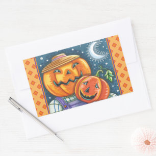 STICKER RECTANGULAIRE HEUREUSE FAMILLE JACK-O'-LANTERN, COLORÉE ET MORTE