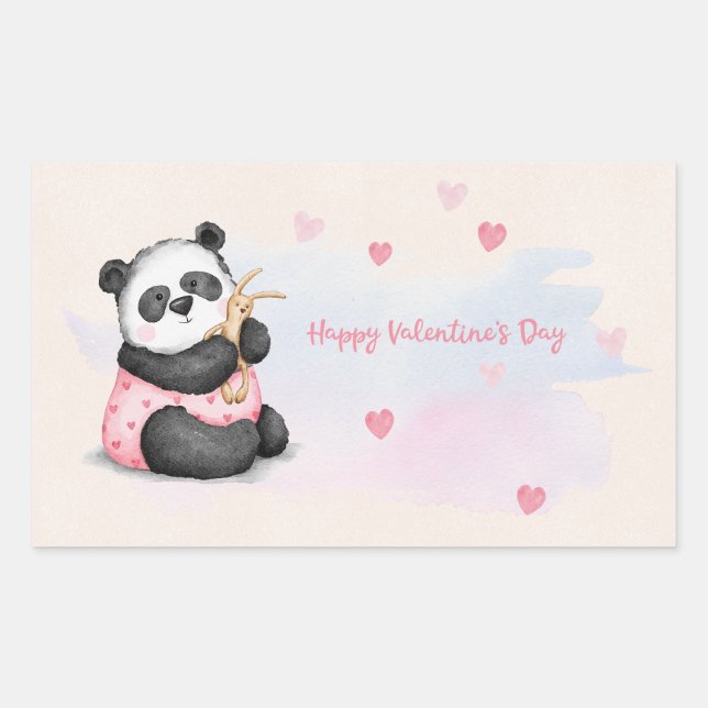 Sticker Rectangulaire Heureuse Sainte-Valentin Aquarelle Coeur Panda Bun (Devant)