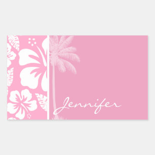 Sticker Rectangulaire Hibiscus Tropical Rose Carnation; Palme D'Été