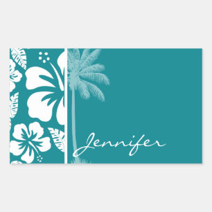 Sticker Rectangulaire Hibiscus Tropical Turquoise foncé ; Palm