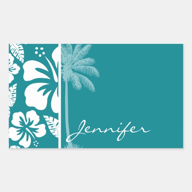 Sticker Rectangulaire Hibiscus Tropical Turquoise foncé ; Palm (Devant)