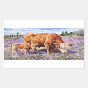 Sticker Rectangulaire Highland Cow and Calf Purple Fleurs sauvages