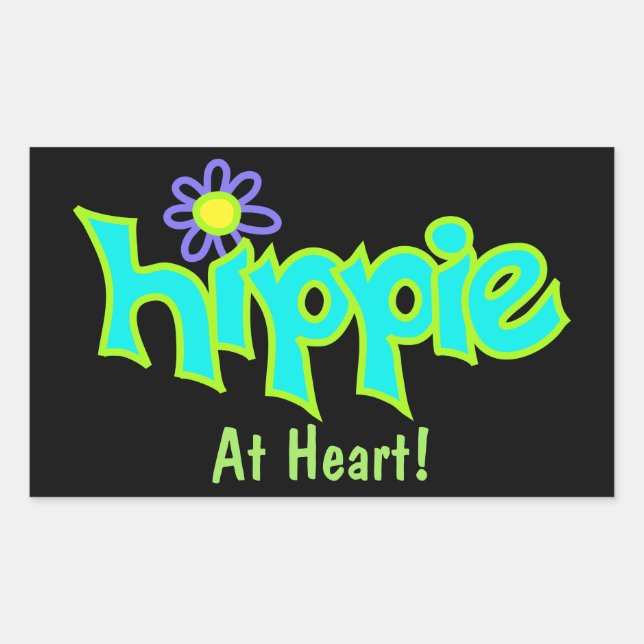 Sticker Rectangulaire Hippie au coeur Turquoise Art sur Black Custom (Devant)