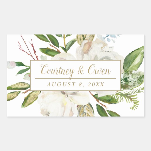 Sticker Rectangulaire Hiver Blanc Floral Mariage Monogramme (Devant)