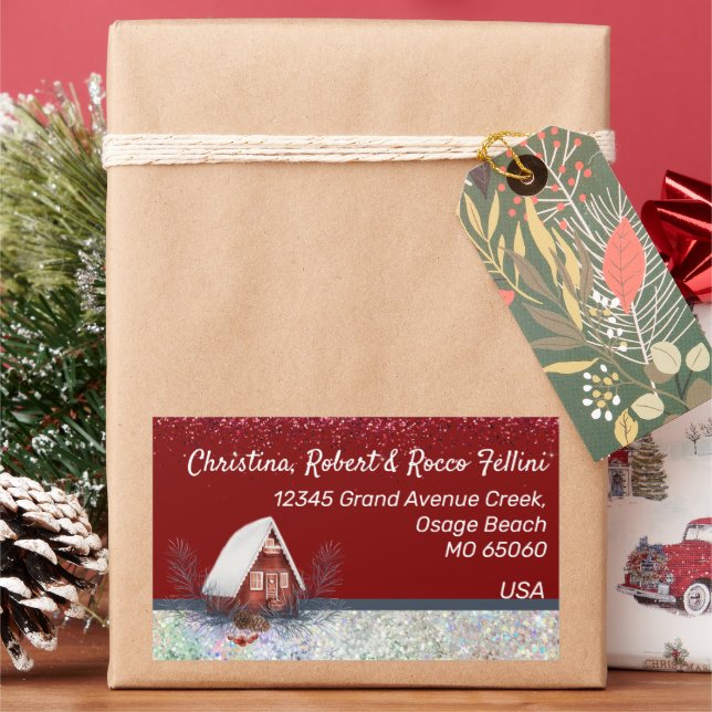 Sticker Rectangulaire Hiver thème maison enneigée sur coutume rouge (vacances)