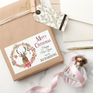 Sticker Rectangulaire Holly Wreath Red Bow Reindee Noël