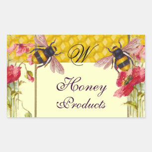 STICKER RECTANGULAIRE HONEY BEEY BEEES ET ROUGE POPIES BEEKEEPER MONOGRA