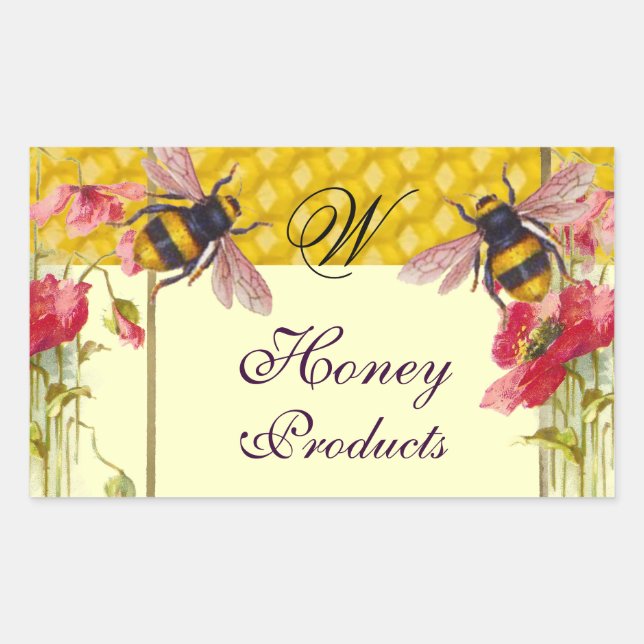 STICKER RECTANGULAIRE HONEY BEEY BEEES ET ROUGE POPIES BEEKEEPER MONOGRA (Devant)