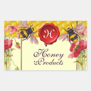STICKER RECTANGULAIRE HONEY BEEY BEEES, POPIES, SCEAU ROUGE SEAL BEEKEEP