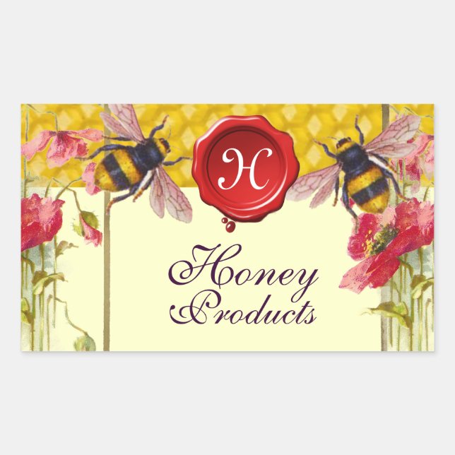 STICKER RECTANGULAIRE HONEY BEEY BEEES, POPIES, SCEAU ROUGE SEAL BEEKEEP (Devant)