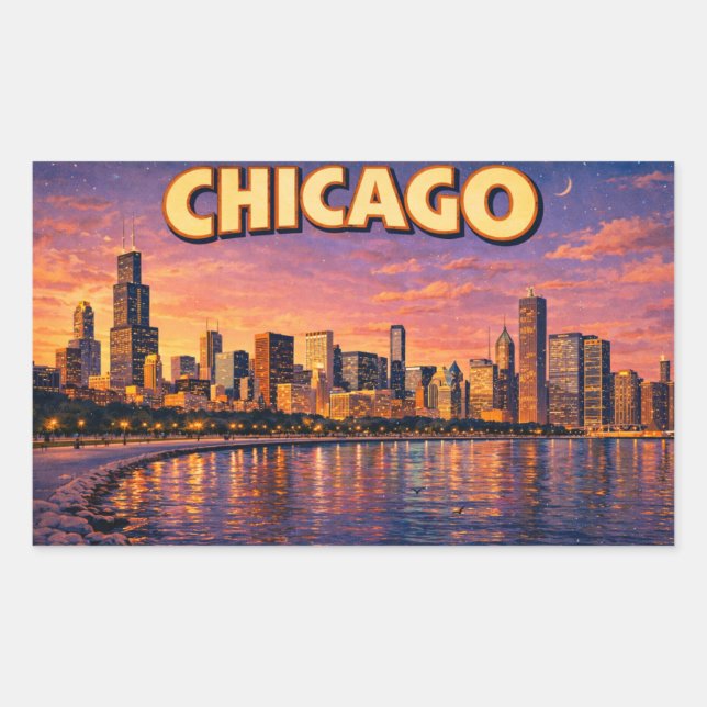 Sticker Rectangulaire horizon de Chicago et lac Michigan au crépuscule (Devant)