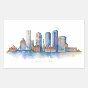 Sticker Rectangulaire Horizon de la ville de Boston à l'aquarelle Mode