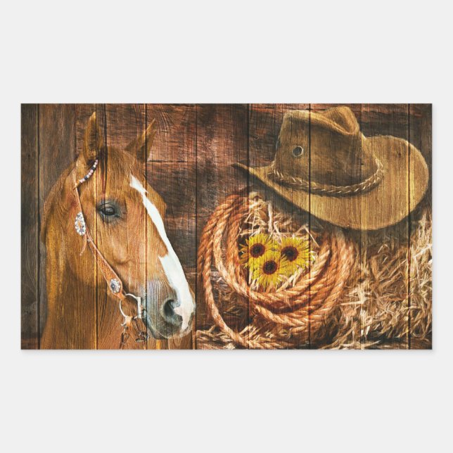 Sticker Rectangulaire Horse Cowboy Casquette Lasso Sunflower Rustic Barq (Devant)