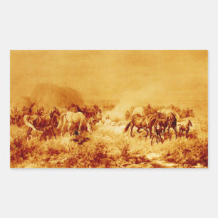 Sticker Rectangulaire HORSES GRAZER, Antique Orange Jaune Sepia Brown