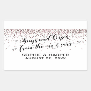 Sticker Rectangulaire Hugs et baisers de Mr & Mrs Rose Gold Confetti