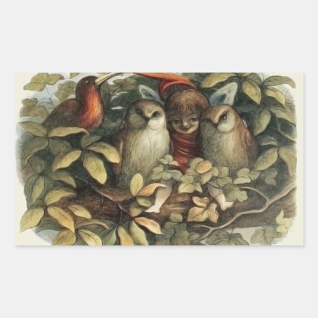 Sticker Rectangulaire Illustration de la nature des hiboux et des fées e (Devant)