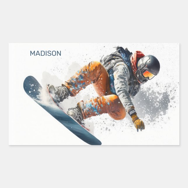 Sticker Rectangulaire Illustration de snowboarder de nom personnalisé (Devant)