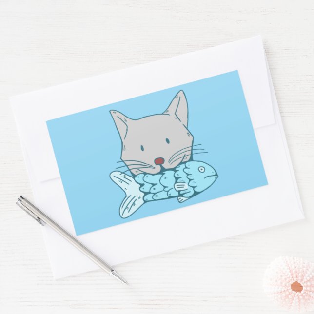 Sticker Rectangulaire Illustration of a cat eating fish.  (Enveloppe)