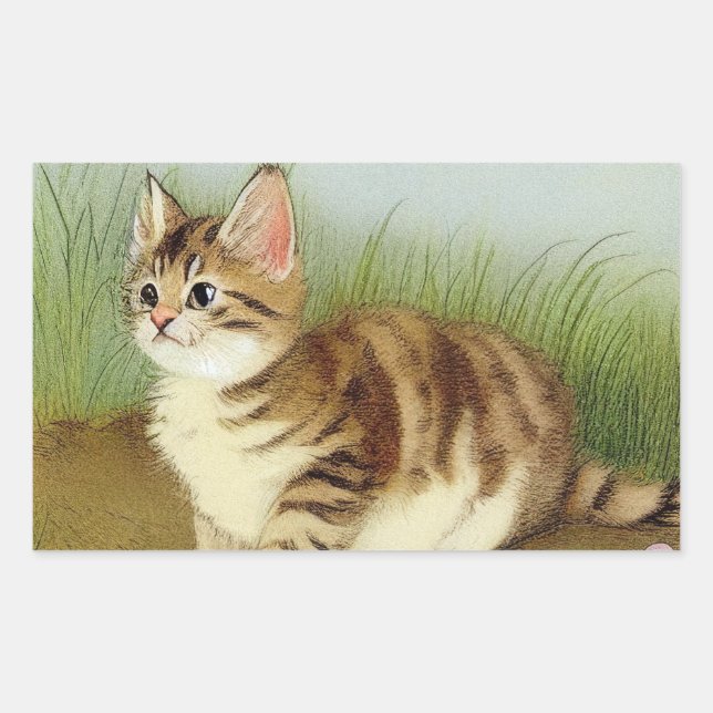 Sticker Rectangulaire Illustration vintage Kitten avec fleurs (Devant)