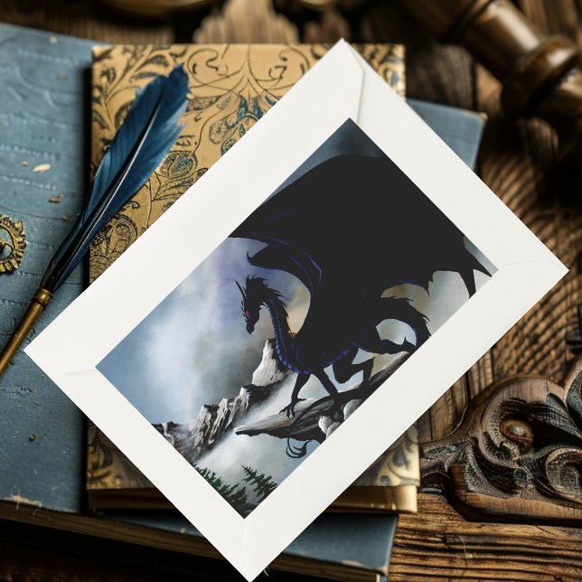 Sticker Rectangulaire Imaginaire de Dragon Noir Montagnes Bleues (Créateur téléchargé)