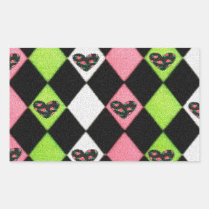 Sticker Rectangulaire Impression colorée d'Arlequin avec des cœurs de ro