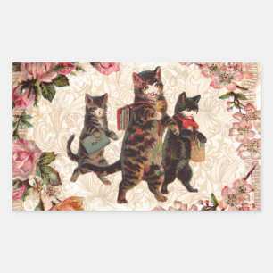 Sticker Rectangulaire Impression de chatons vintage allant à l'école : V