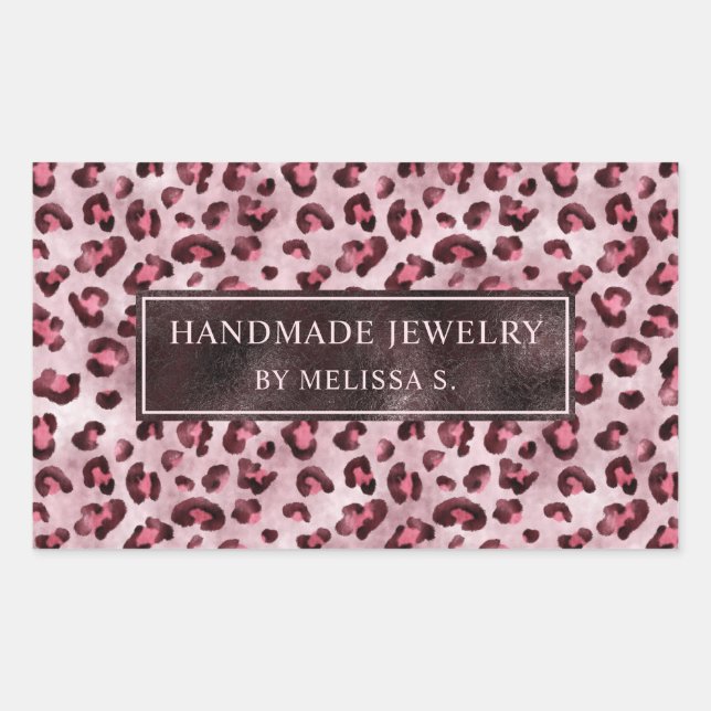 Sticker Rectangulaire Impression léopard rose avec faux feuille et texte (Devant)