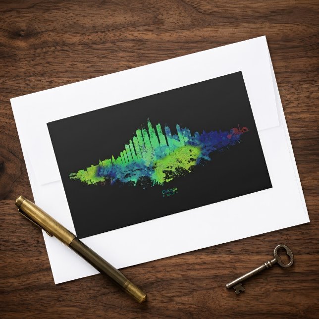 Sticker Rectangulaire Impressions d'art à l'aquarelle de la skyline de C (Chicago Skyline Watercolor Blue & Lime Art Prints. Rectangular Sticker)