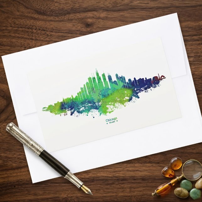 Sticker Rectangulaire Impressions d'art à l'aquarelle du panorama de Chi (Chicago Skyline Watercolor Blue & Lime Art Prints. Rectangular Sticker)