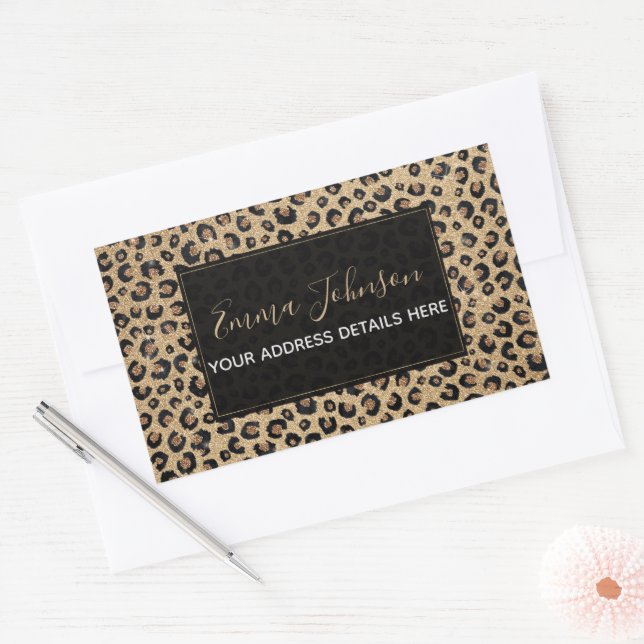 Sticker Rectangulaire Imprimé élégant de léopard noir paillettes or (Enveloppe)