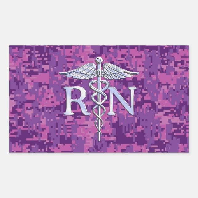 Sticker Rectangulaire Infirmière inscrite RN Silver Caduceus sur Camo Ro (Devant)