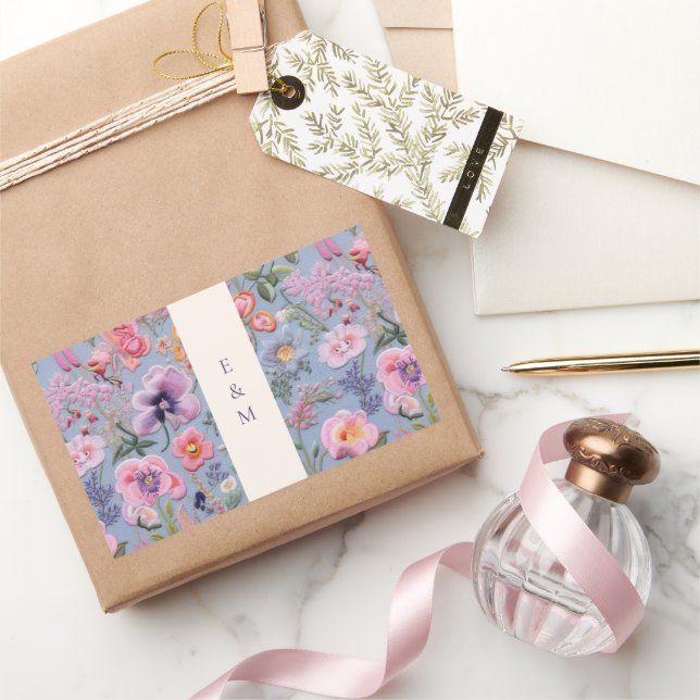 Sticker Rectangulaire Initiales des fleurs brodées (Cadeaux)