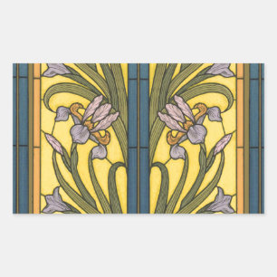 Sticker Rectangulaire Iris Fleur Art Nouveau Vitrail Bleu Or