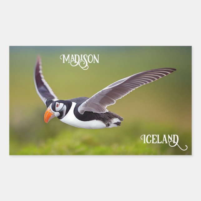 Sticker Rectangulaire Islande Puffin Nom personnalisé (Devant)