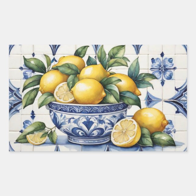 Sticker Rectangulaire Italien Amalfi bleu carreaux blanc bol de citrons (Devant)