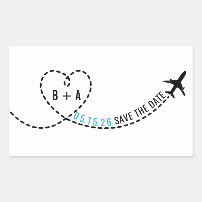 Sticker Rectangulaire Itinéraire d'avion Monogramme Mariage Date personn (Devant)