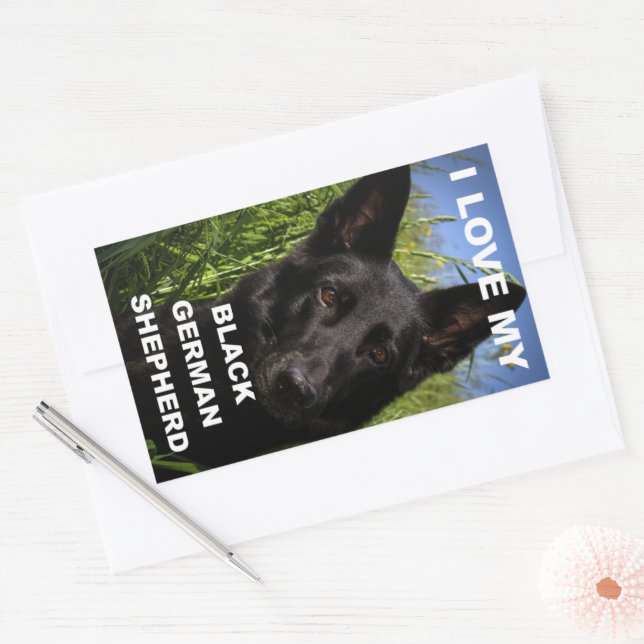 Sticker Rectangulaire J'aime mon berger allemand noir (Enveloppe)