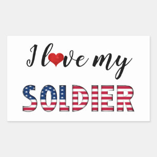 Sticker Rectangulaire J'aime mon soldat, Coeur American Flag Typographie